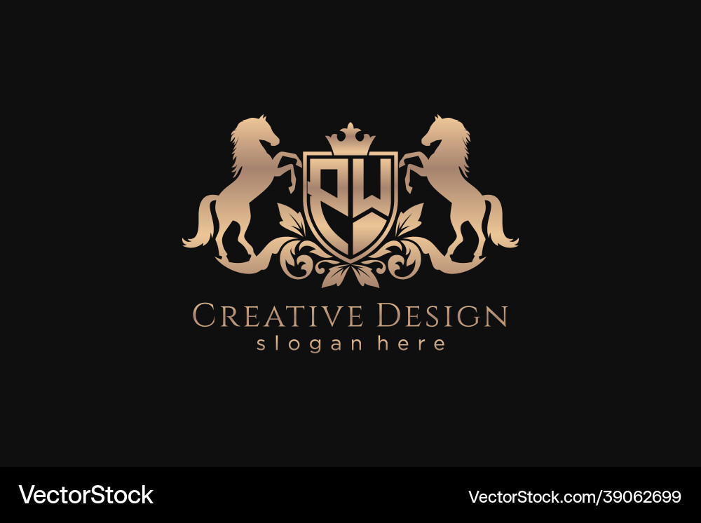 Initial pw retro golden crest with shield and two vector image