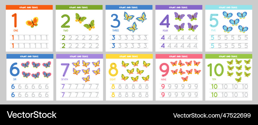 Set of number tracing flashcards with cute Vector Image