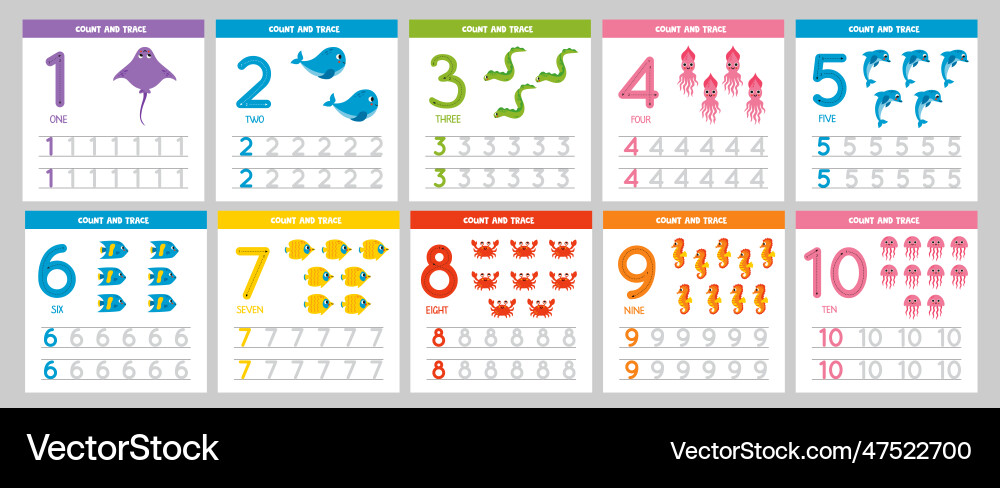 Set of number tracing flashcards with cute sea Vector Image