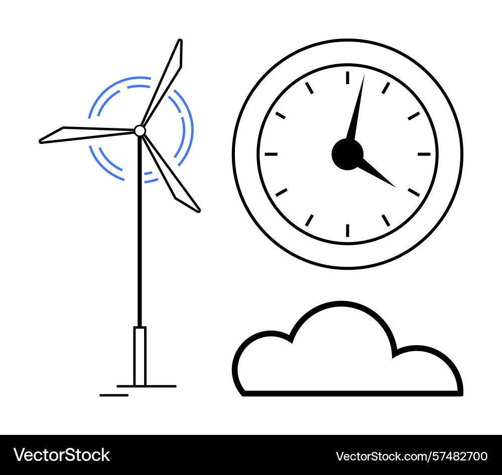 Wind turbine with clock and cloud representing Wind turbine with clock and cloud representing vector image