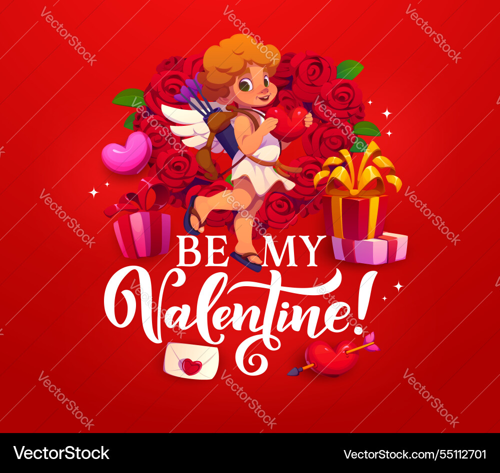 Be my valentine holiday greeting card with cupid Be my valentine holiday greeting card with cupid vector image