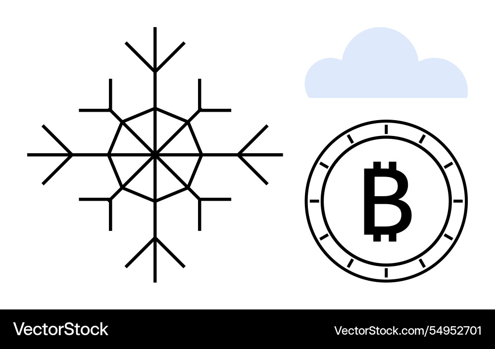 Bitcoin coin snowflake symbol and cloud icon Bitcoin coin snowflake symbol and cloud icon Vector Image