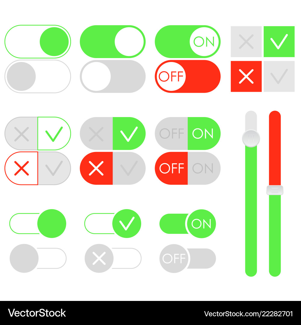 Flat toggle switch set light theme on and off Vector Image