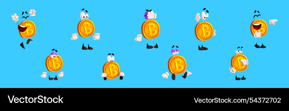 Golden bitcoin character with different emotion Golden bitcoin character with different emotion Vector Image