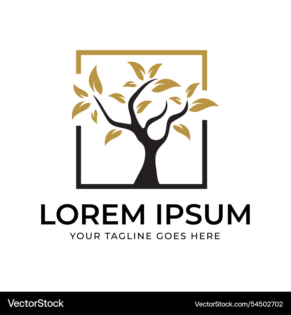 Tree in unique frame with gold leaves design Tree in unique frame with gold leaves design Vector Image