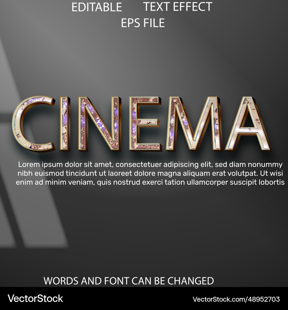 Cinema text effect font editable typography 3d vector image