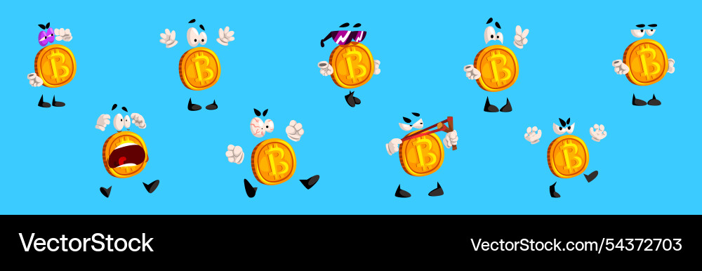 Golden bitcoin character with different emotion Vector Image