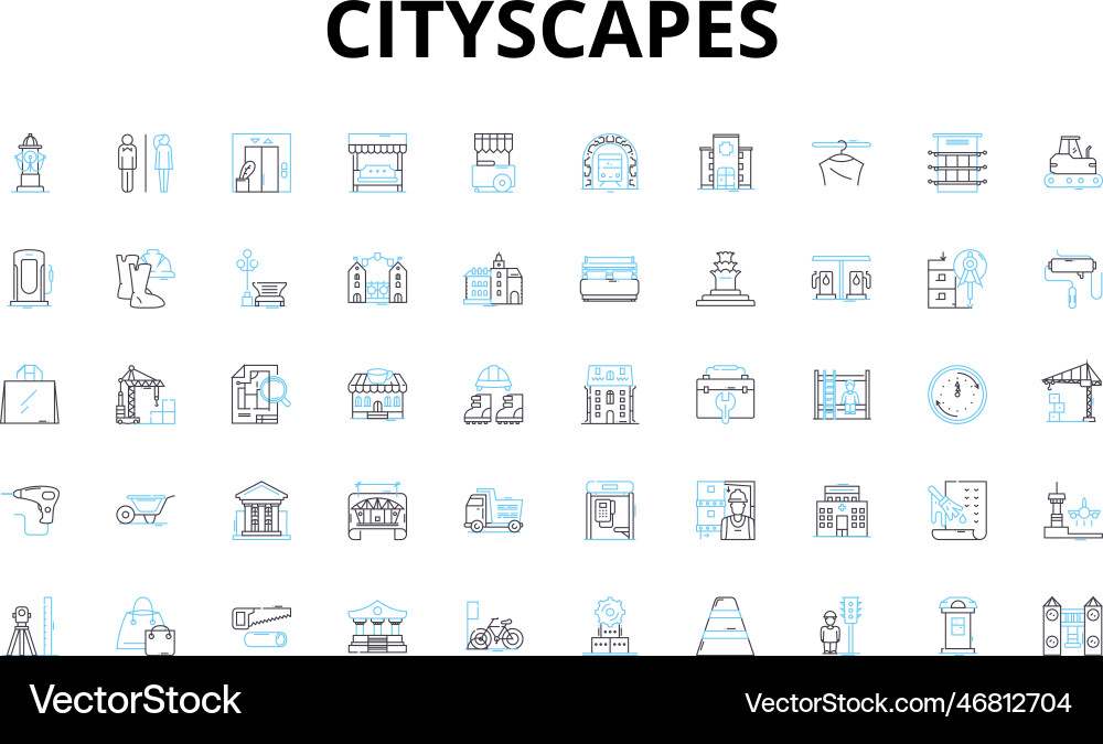 Cityscapes linear icons set vibrant skyscrapers Cityscapes linear icons set vibrant skyscrapers vector image