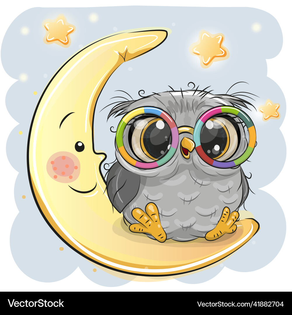 Süße Owl auf Mond mit Brille Vektorbild