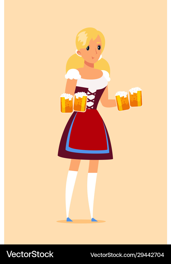 Waitress carrying beer mugs in pub Waitress carrying beer mugs in pub vector image