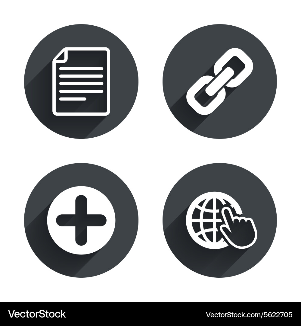 Plus circle and hyperlink signs file globe vector image