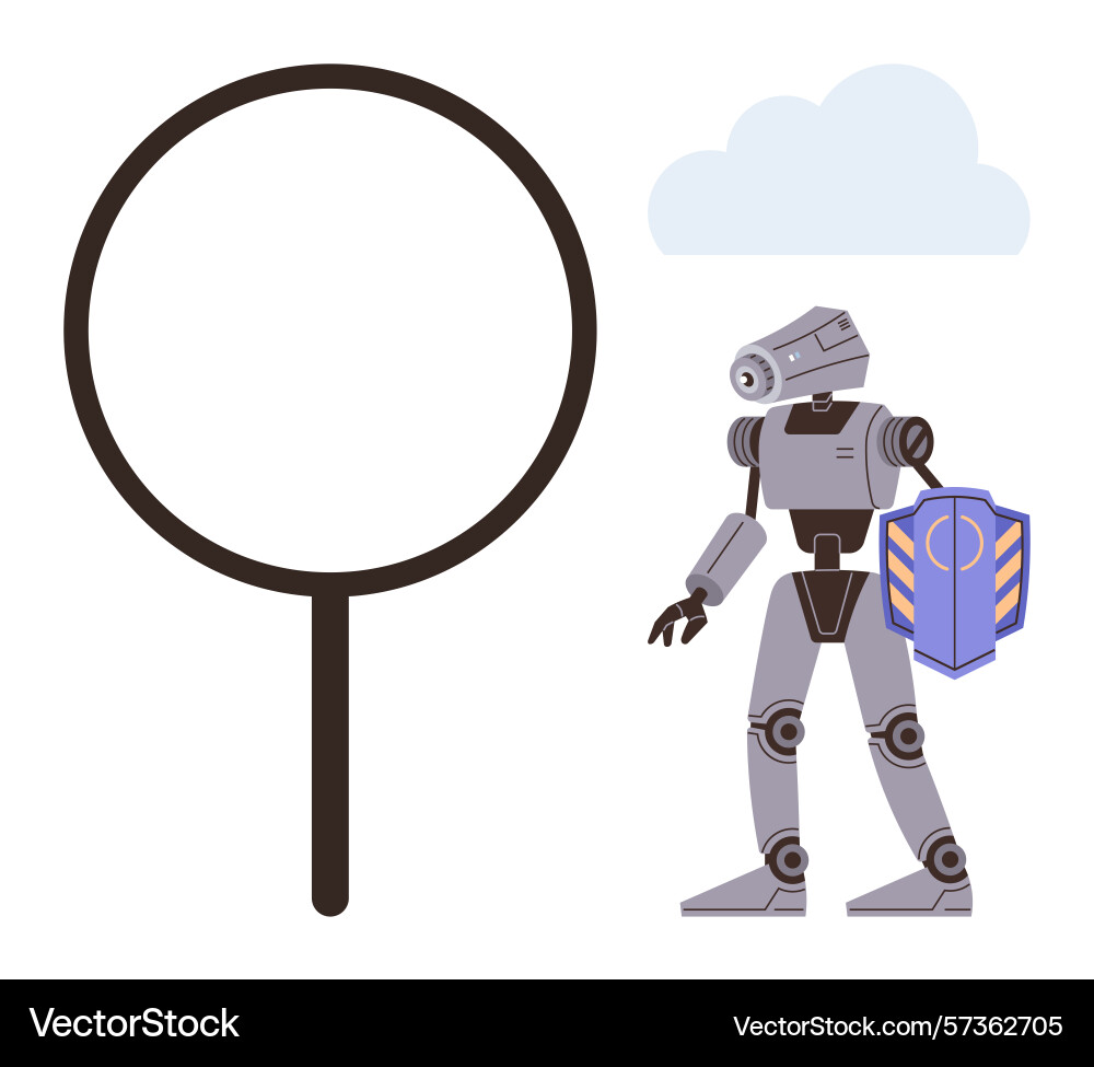Roboter mit Schild neben großer Vergrößerung Vektorbild