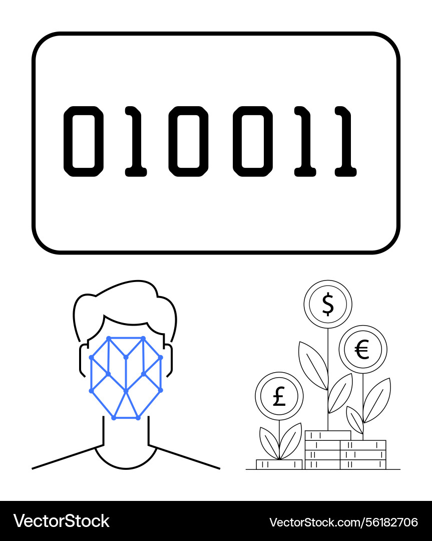 Binary code facial recognition and currency Binary code facial recognition and currency vector image