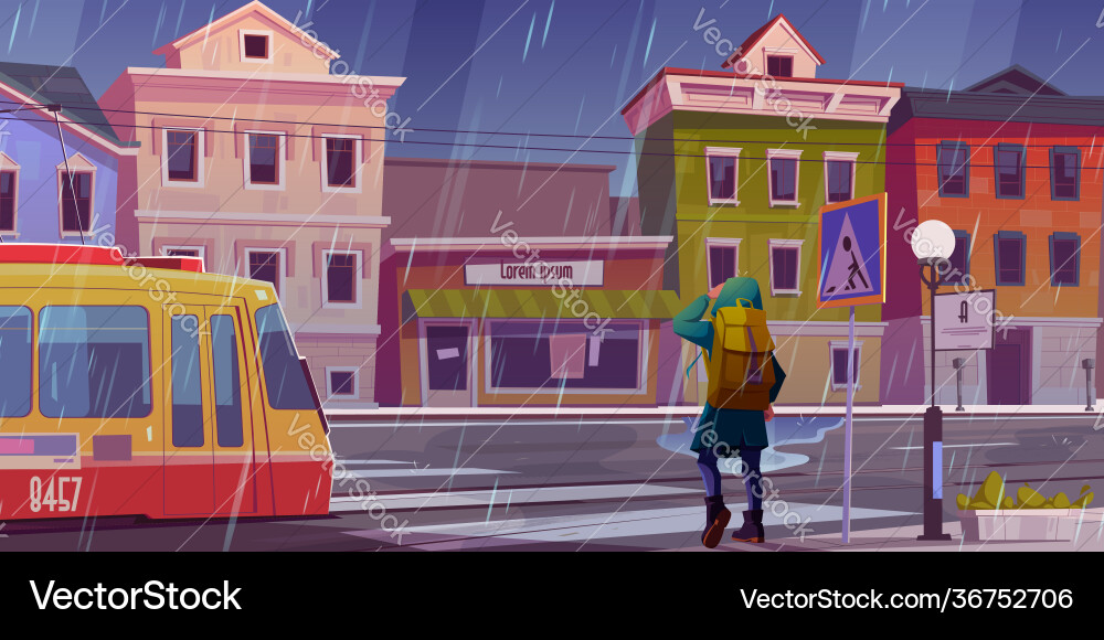 City street with houses tram and pedestrian man City street with houses tram and pedestrian man vector image