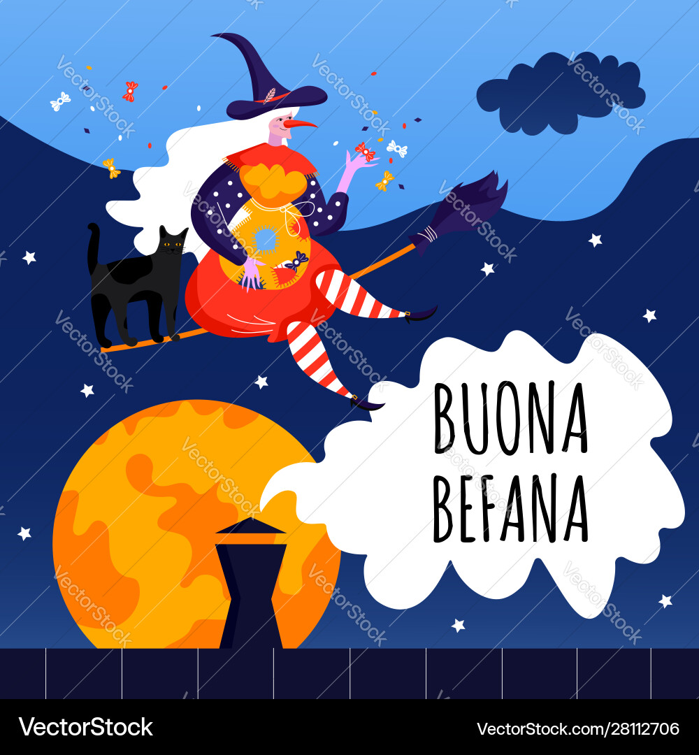 Grußkarte mit Text buona befana niedliche Hexe Grußkarte mit Text buona befana niedliche Hexe vektorbild