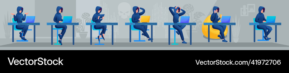 Set of actions a girl hacker variants Set of actions a girl hacker variants vector image