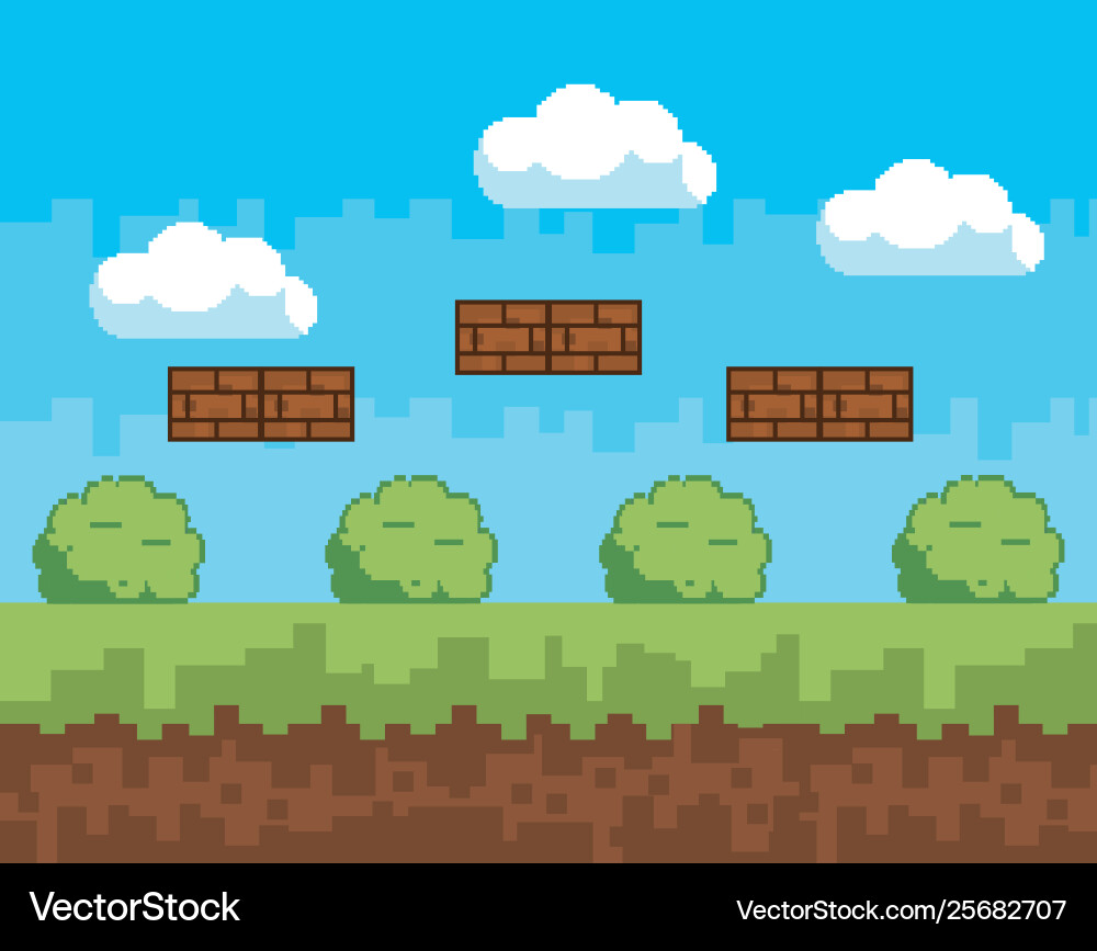Arcade game world and pixel scene design Vector Image