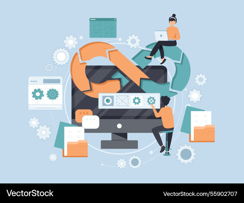 Devops developers work with computers scene vector image
