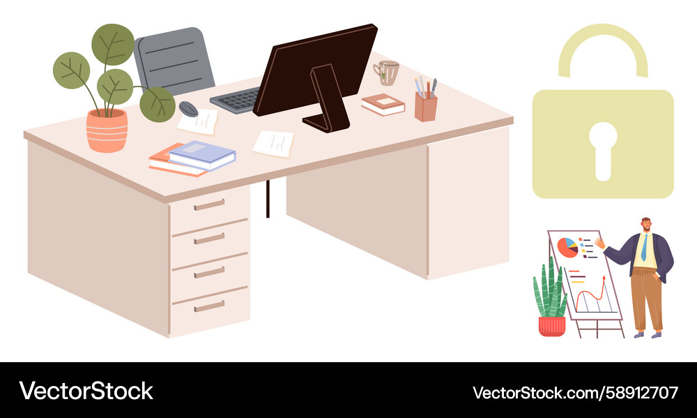 Office desk setup with computer and business Office desk setup with computer and business Vector Image