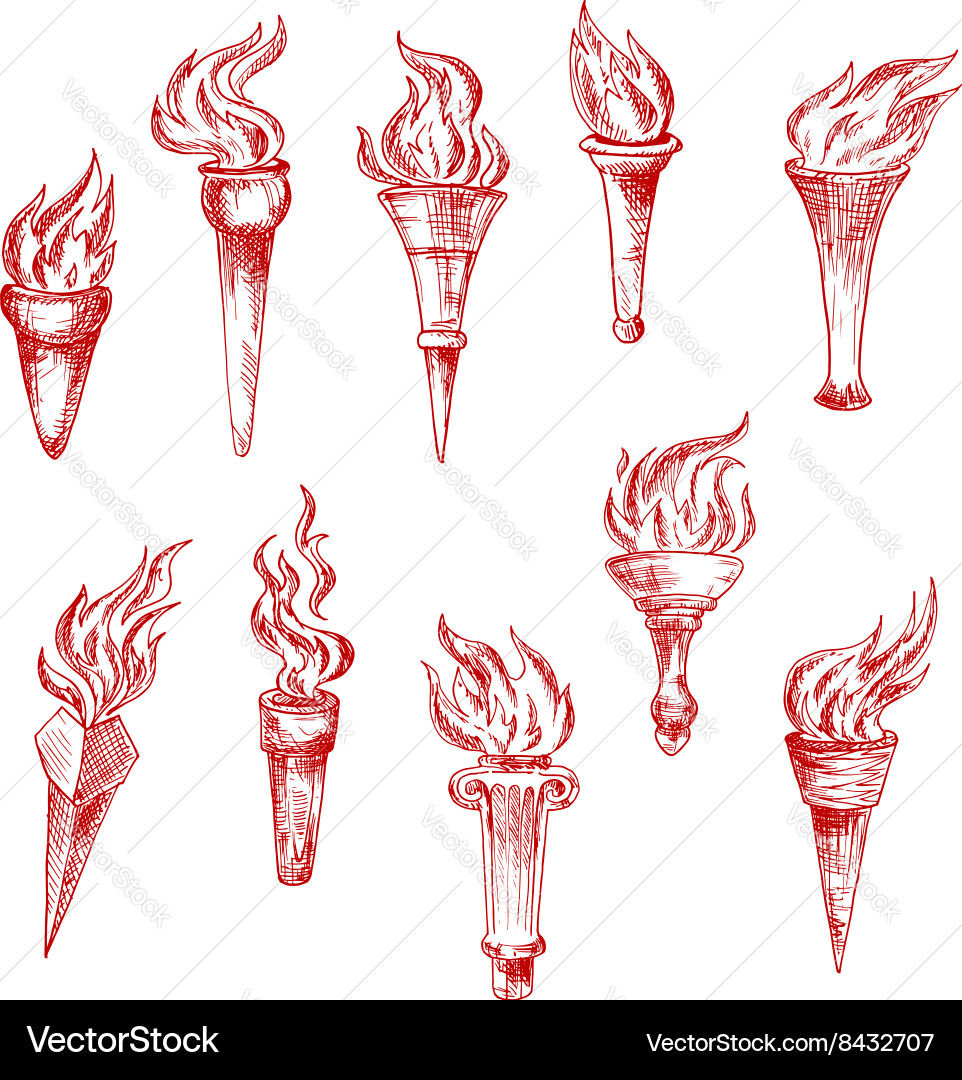 Red Flaming Torch Icons - Sketch Vector Image
