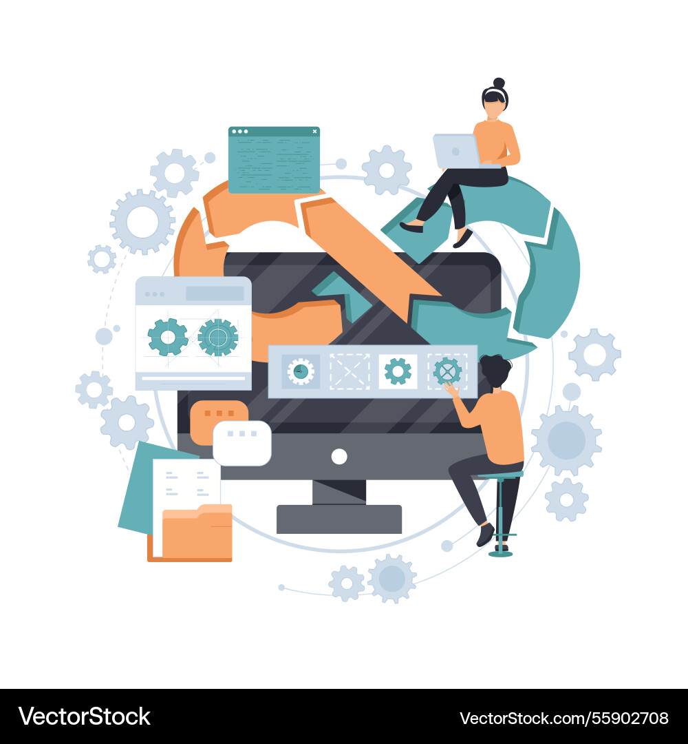 Devops developers work with computers scene vector image