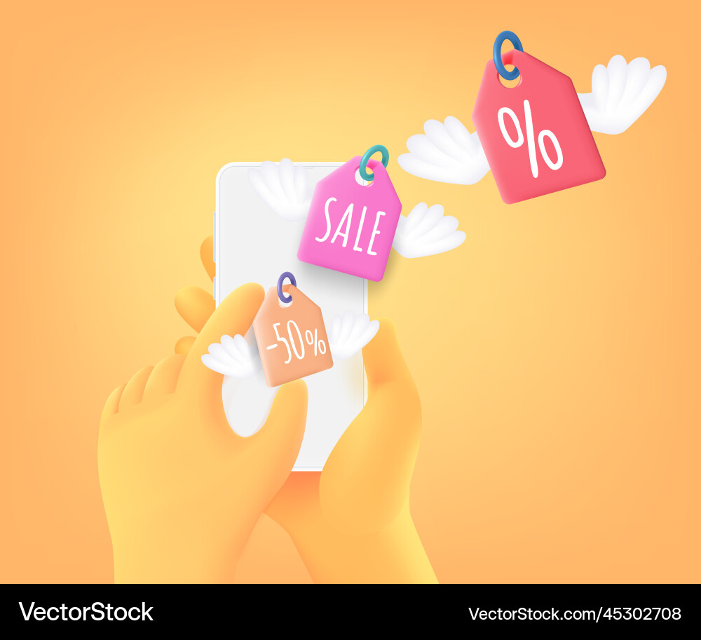 Get discounts in internet shop via mobile app 3d Get discounts in internet shop via mobile app 3d vector image