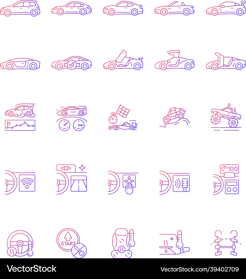 Auto racing gradient linear icons set Auto racing gradient linear icons set Vector Image