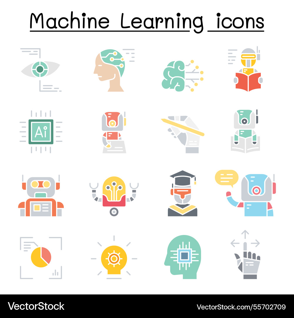Machine learning icon set in flat color style Machine learning icon set in flat color style vector image