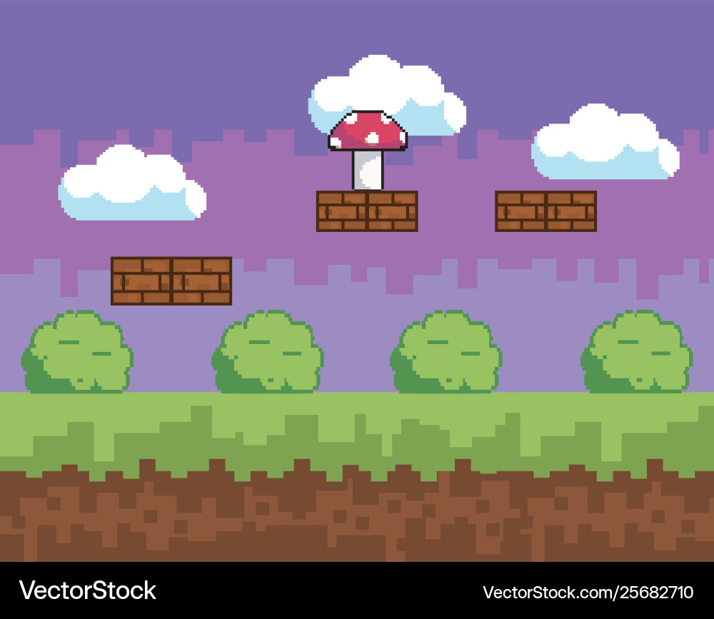 Arcade game world and pixel scene design vector image