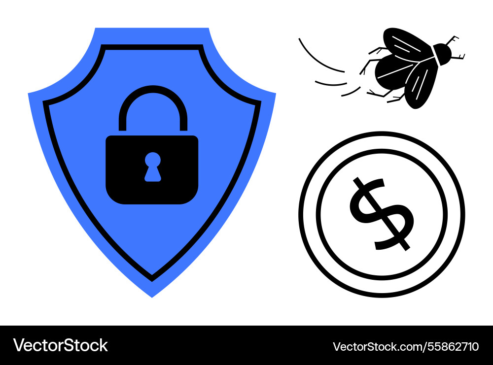 Cybersecurity shield with lock bug and dollar Cybersecurity shield with lock bug and dollar vector image