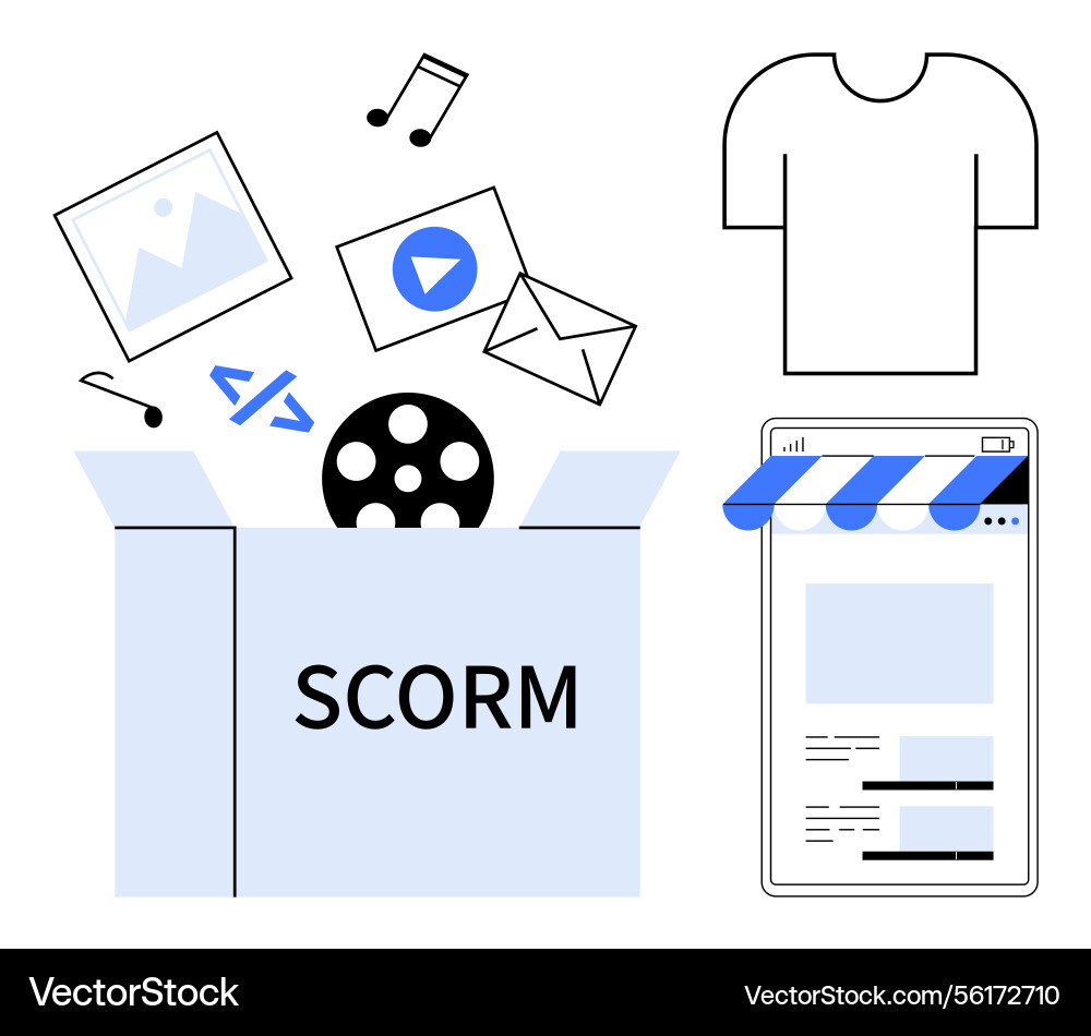 Digital content elements emerging from scorm box Digital content elements emerging from scorm box vector image