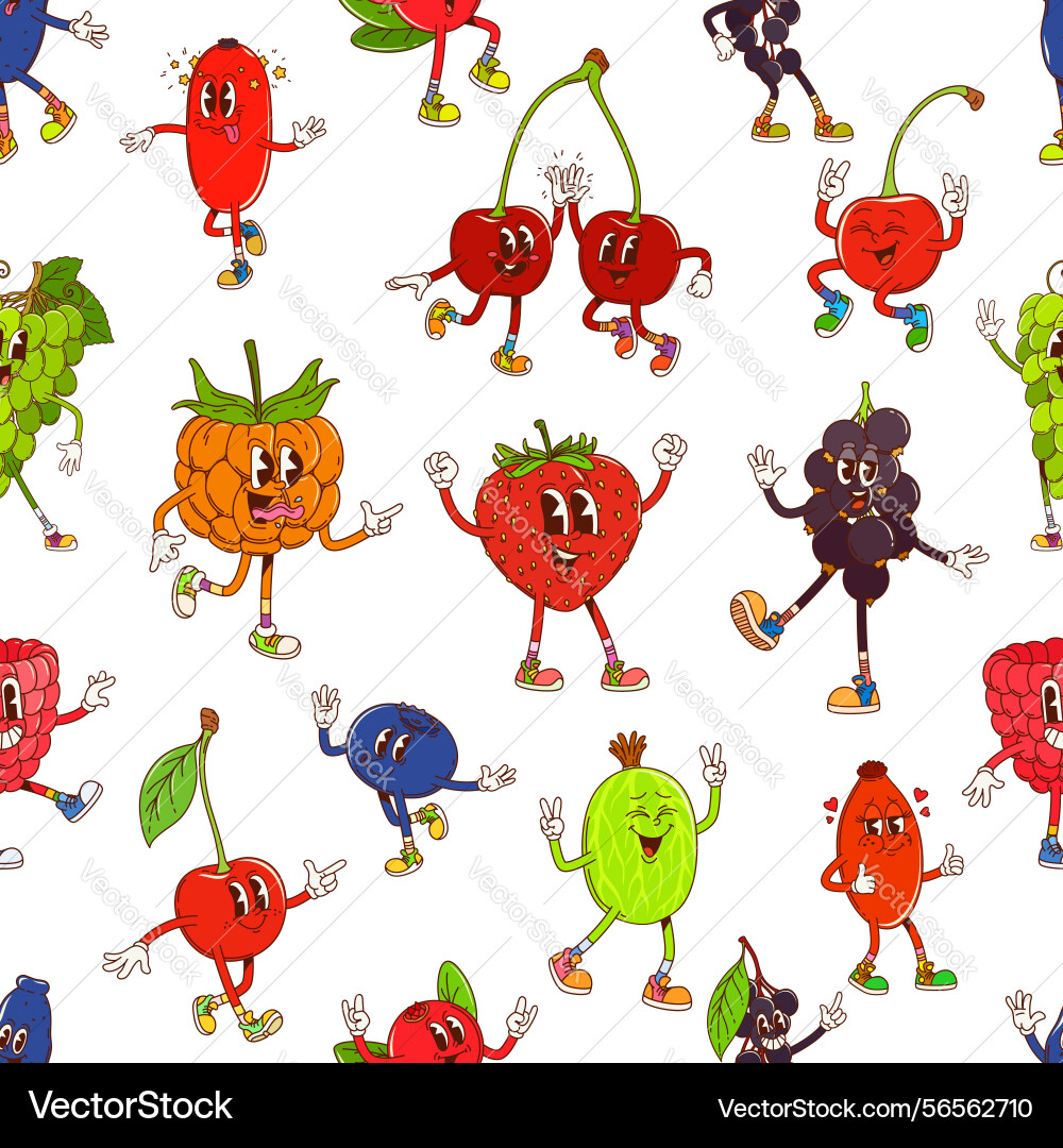 Groovy funny berry characters seamless pattern Groovy funny berry characters seamless pattern vector image