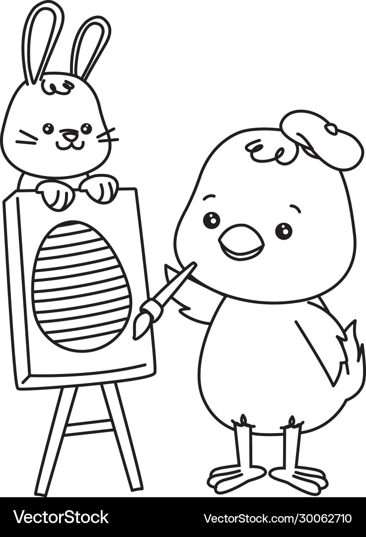 Kleines Kaninchen und Kükenmalerei Eier Ostern Kleines Kaninchen und Kükenmalerei Eier Ostern vektorbild