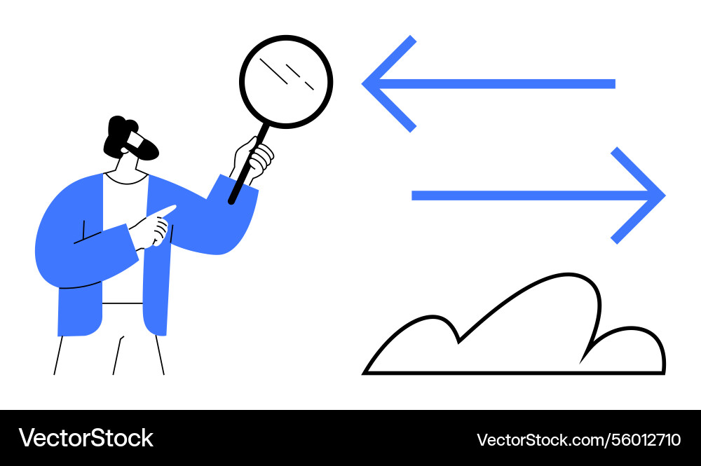 Man analyzing information flow with magnifying Man analyzing information flow with magnifying vector image