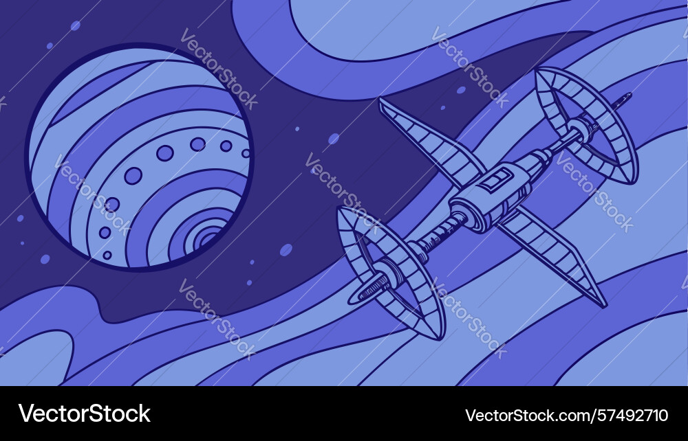 Spaceships orbiting planet in vast cosmic scene Vector Image