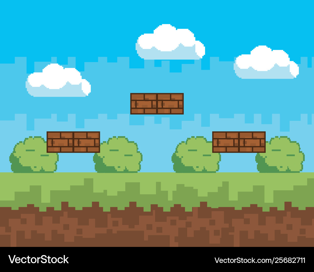 Arcade game world and pixel scene design vector image