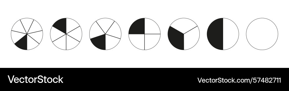 Donut charts segmented on from 1 to 7 equal parts vector image