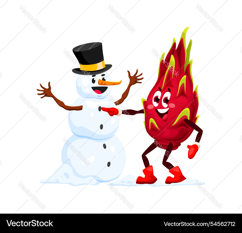 Cartoon christmas dragon fruit building a snowman Cartoon christmas dragon fruit building a snowman vector image