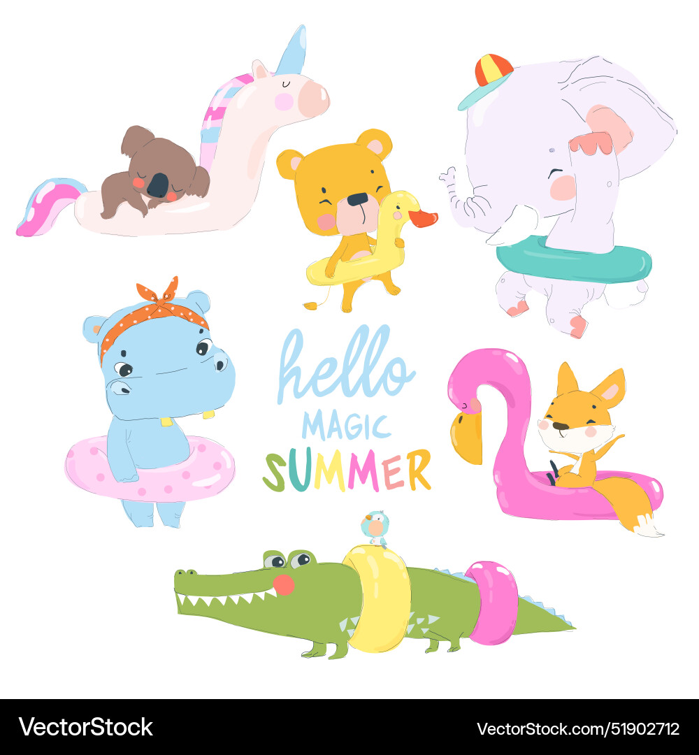 Cartoon set with cute animals in an inflatable Vector Image