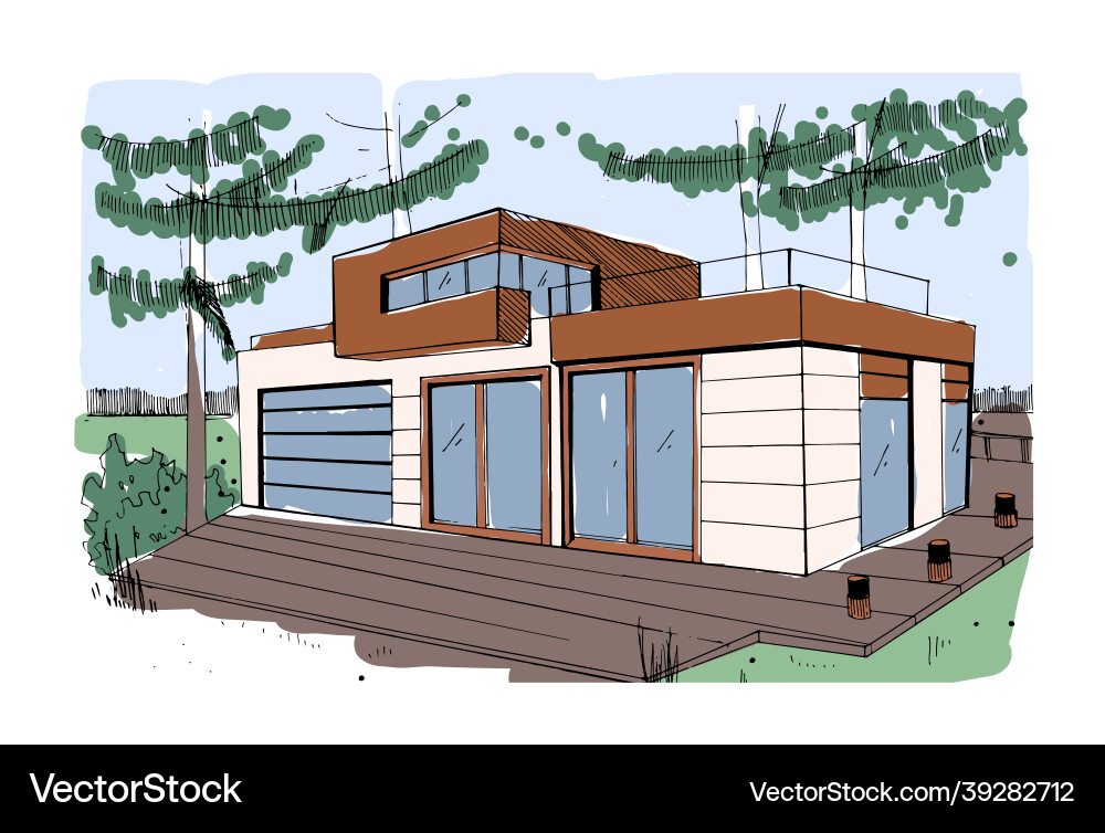 Modern house exterior design sketch of rural home Modern house exterior design sketch of rural home vector image