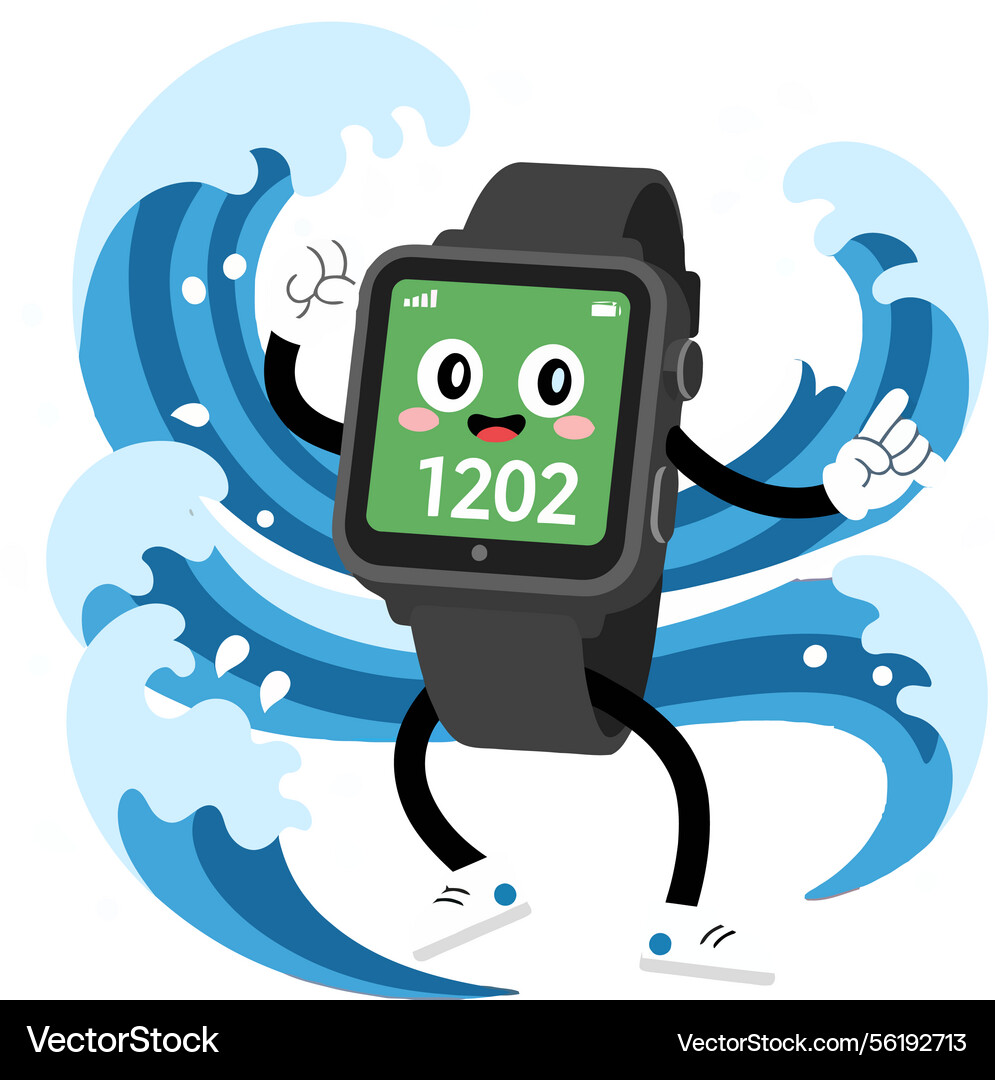 A cheerful smartwatch character splashing through Vector Image
