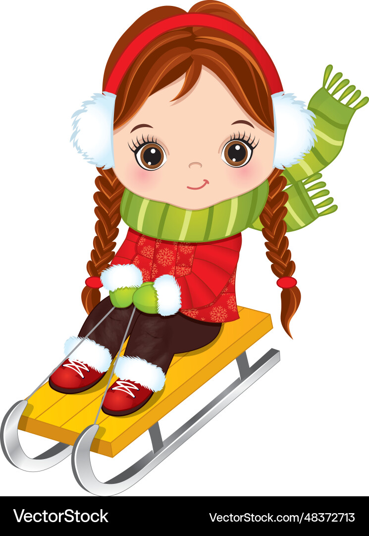 Cute little girl in winter outfit sledding Cute little girl in winter outfit sledding Vector Image