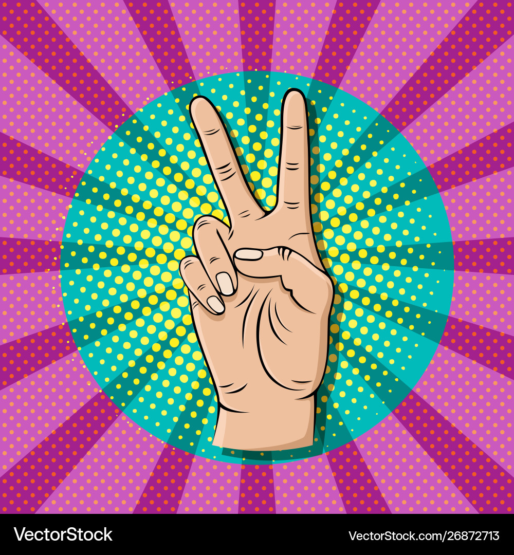 Pop art victory sign gesture thumb up hand Pop art victory sign gesture thumb up hand vector image