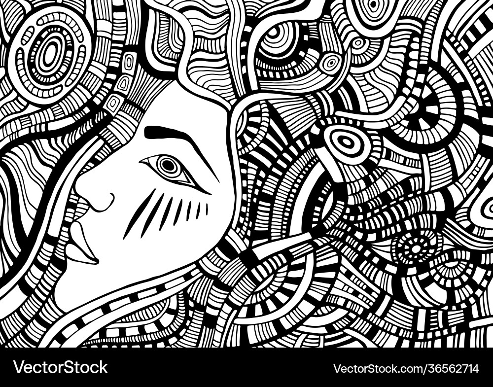 Coloring page with psychedelic fantasy face girl Coloring page with psychedelic fantasy face girl vector image