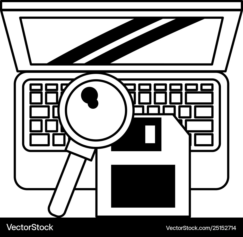 Computer with magnifying glass and document Vector Image