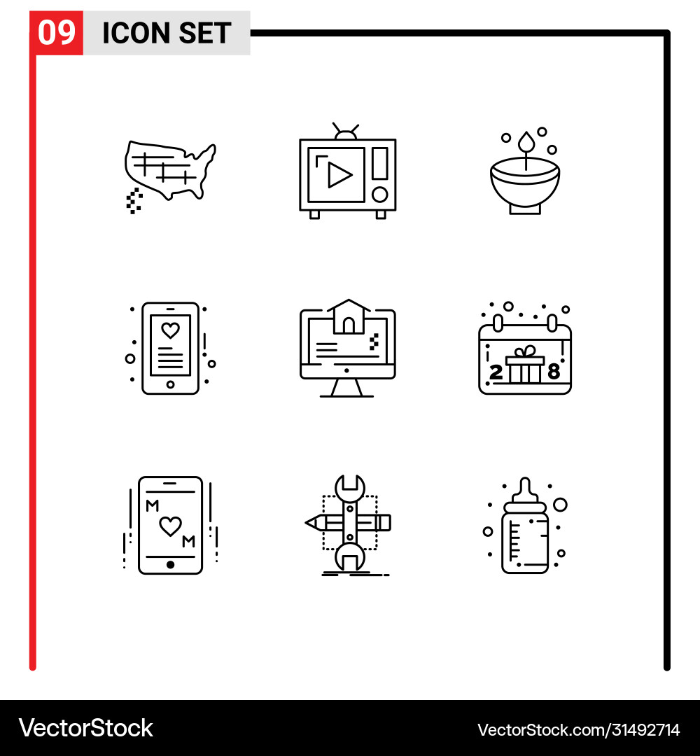 Editable line pack 9 simple outlines heart Vector Image