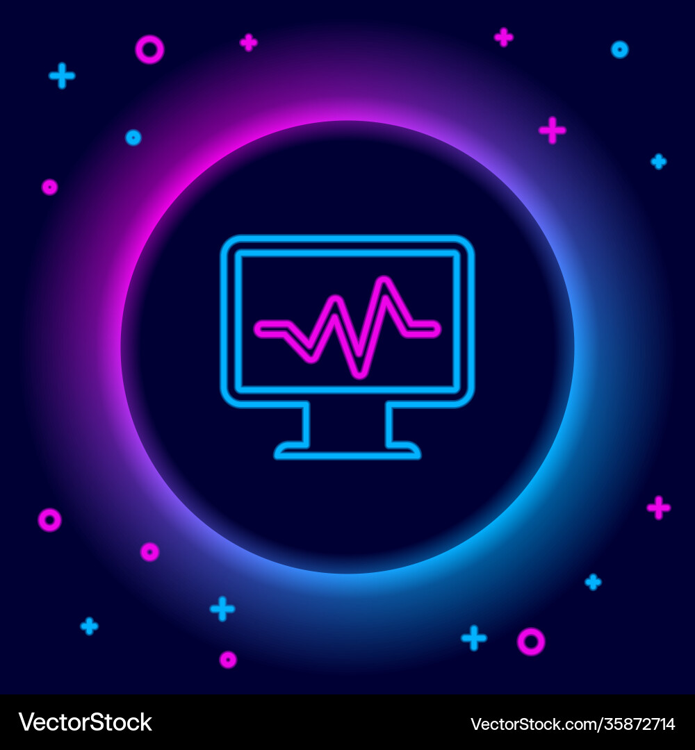 Glowing neon line computer monitor with cardiogram Glowing neon line computer monitor with cardiogram Vector Image