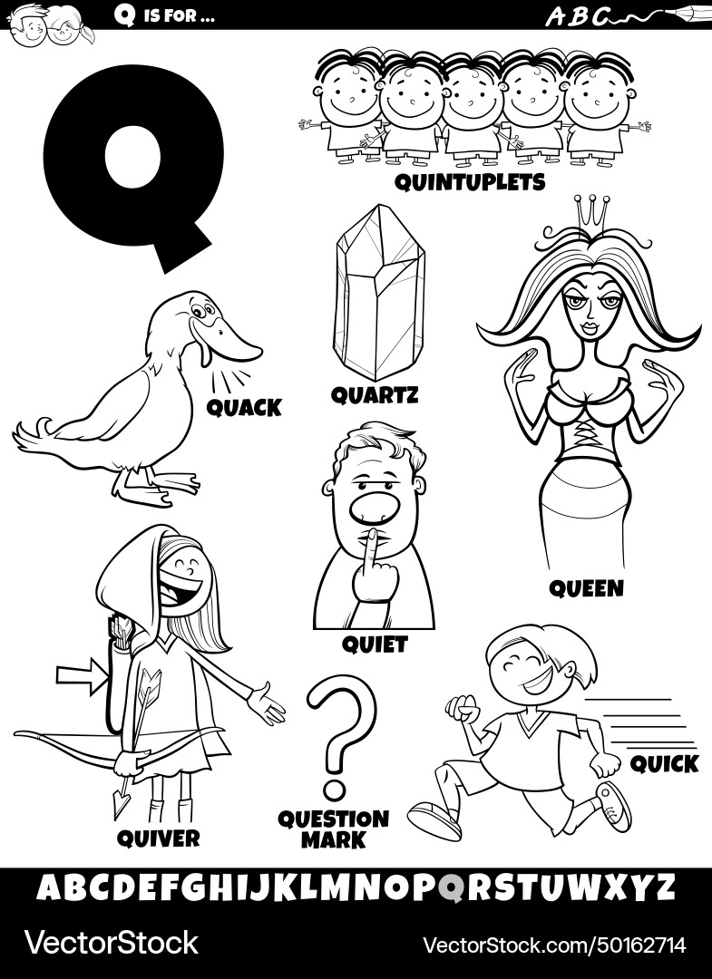 Letter q set with cartoon objects and characters vector image