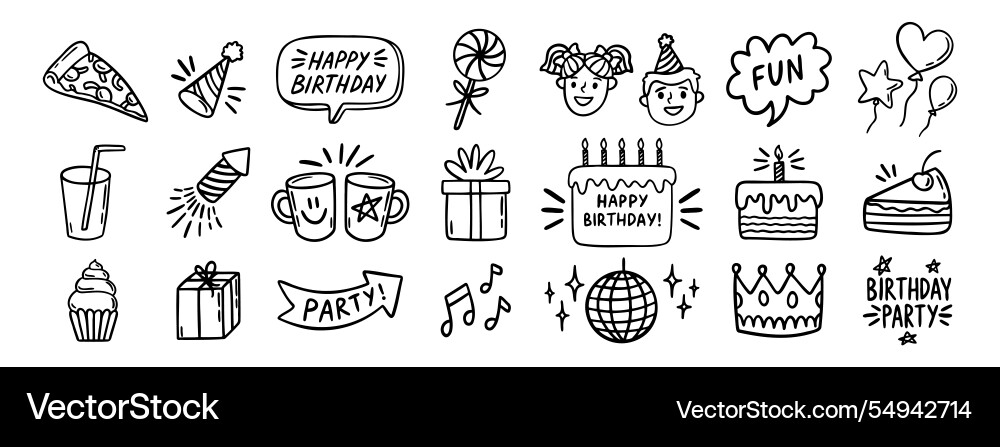 Set of happy birthday for kids doodles sketch Set of happy birthday for kids doodles sketch vector image