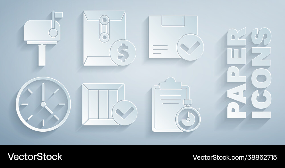 Set wooden box with check mark package clock Set wooden box with check mark package clock vector image